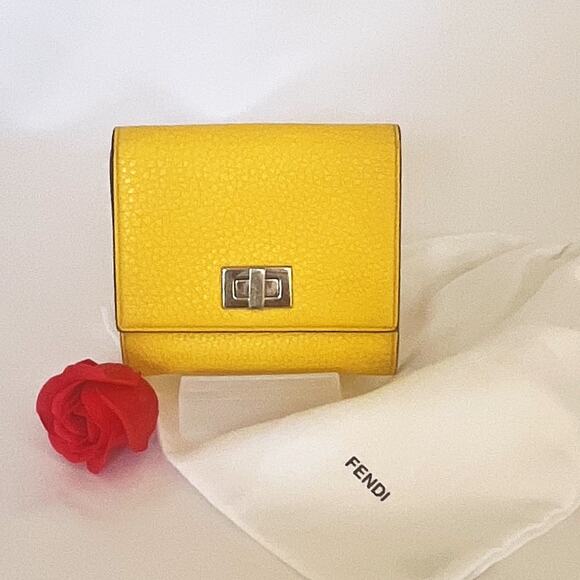 FENDI Bifold Wallet Peekaboo Selleria Yellow Leather Coin Case - Picture 1 of 12